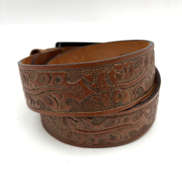 Vintage 70s Lyntone 2357 Brown Acorn Tooled TEXAS Solid Brass Buckle Belt 26-29\